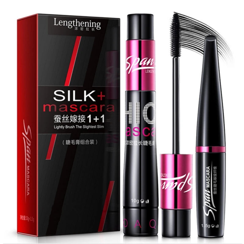 Silk 4D Fiber Mascara – 1+1 Set, 3D Lengthening & Volumizing Eyelashes for Full Professional Makeup