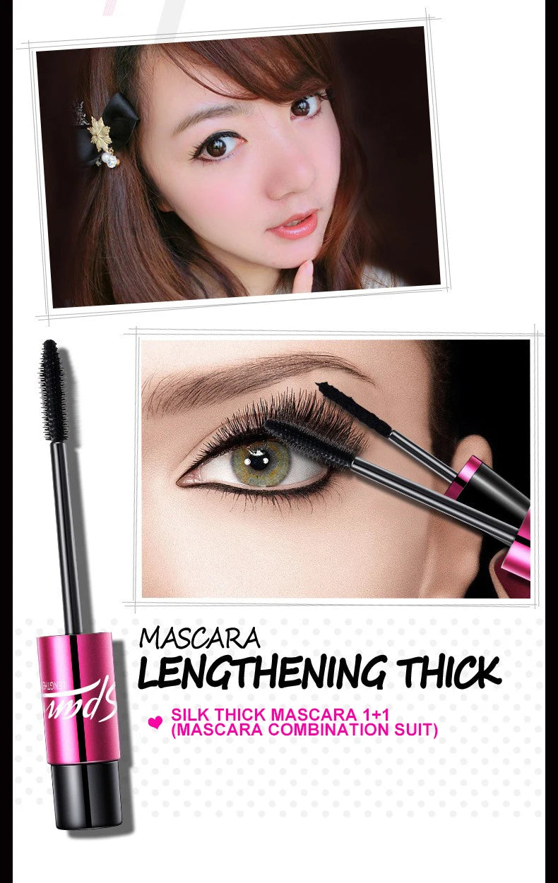 Silk 4D Fiber Mascara – 1+1 Set, 3D Lengthening & Volumizing Eyelashes for Full Professional Makeup