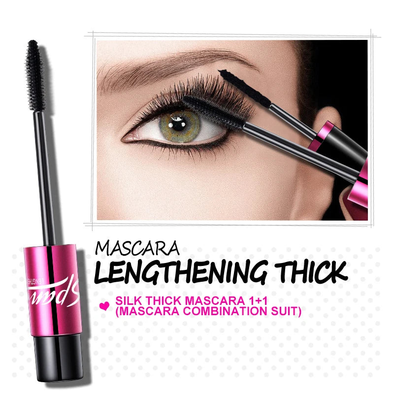 Silk 4D Fiber Mascara – 1+1 Set, 3D Lengthening & Volumizing Eyelashes for Full Professional Makeup