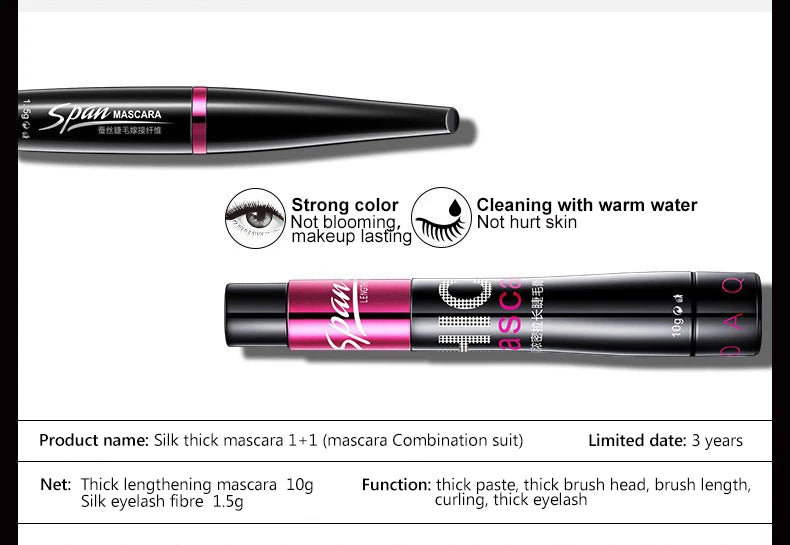 Silk 4D Fiber Mascara – 1+1 Set, 3D Lengthening & Volumizing Eyelashes for Full Professional Makeup