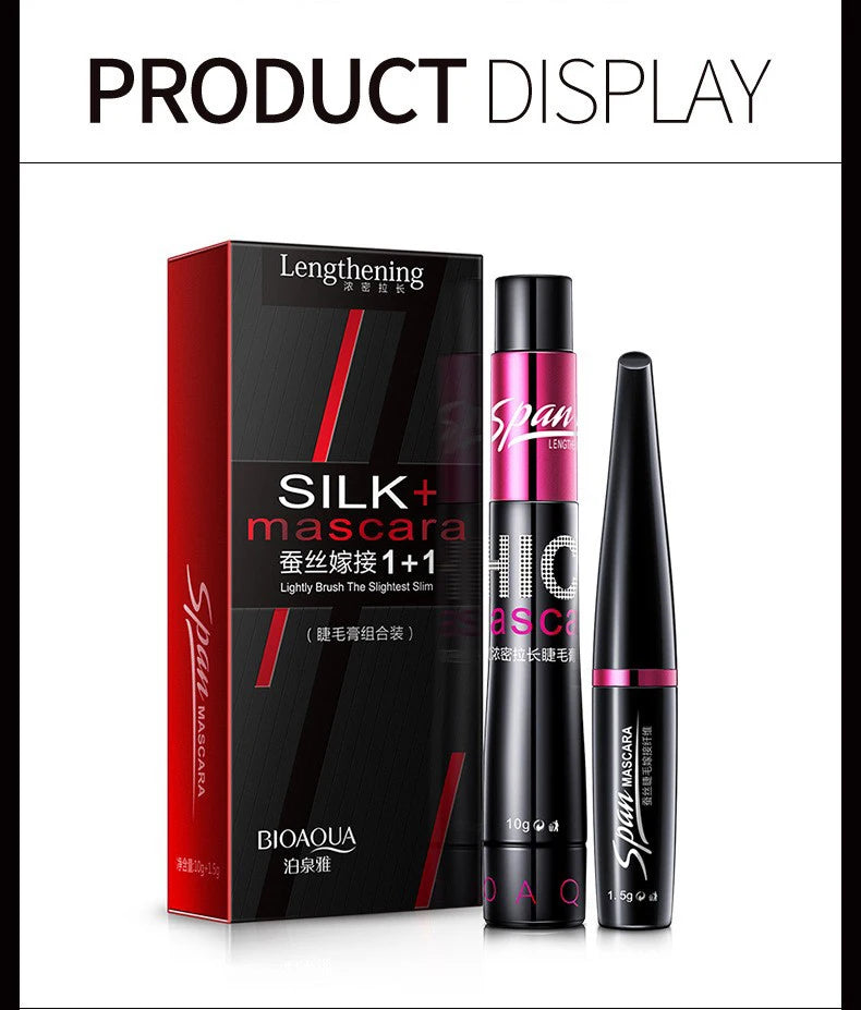 Silk 4D Fiber Mascara – 1+1 Set, 3D Lengthening & Volumizing Eyelashes for Full Professional Makeup