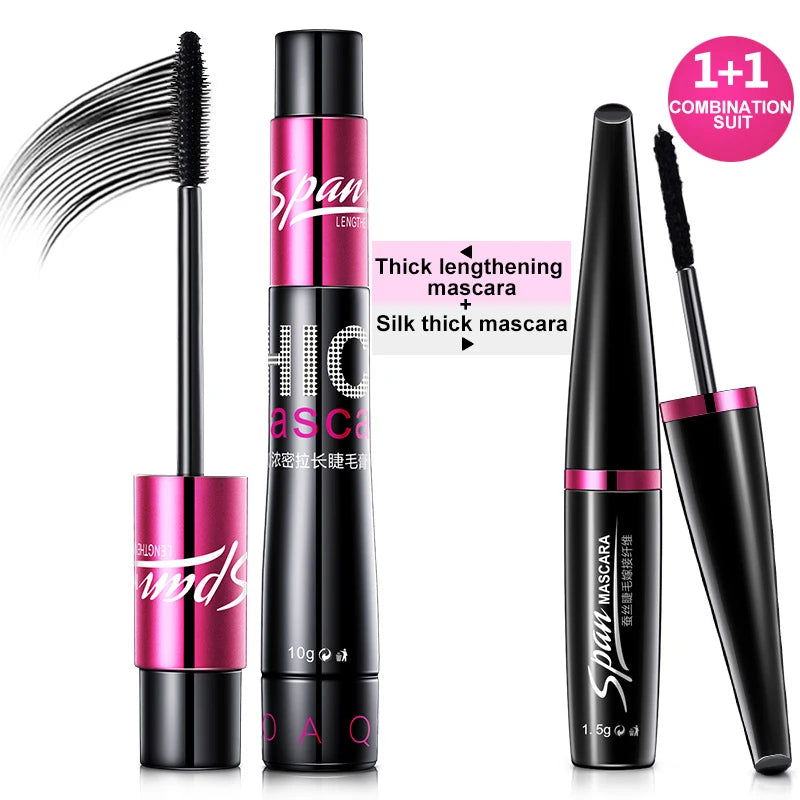 Silk 4D Fiber Mascara – 1+1 Set, 3D Lengthening & Volumizing Eyelashes for Full Professional Makeup